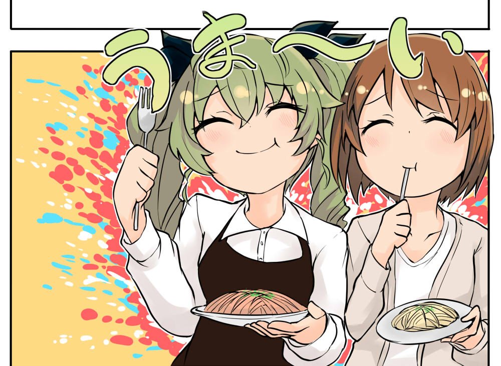 2girls :t anchovy apron bangs barashiya black_apron brown_hair brown_sweater cardigan casual closed_mouth collared_shirt commentary dress_shirt drill_hair eating eyebrows_visible_through_hair food fork fork_in_mouth girls_und_panzer green_hair holding holding_fork holding_plate long_hair long_sleeves multiple_girls nishizumi_miho outside_border pasta plate shirt short_hair smile spaghetti sweater translated twin_drills twintails white_shirt