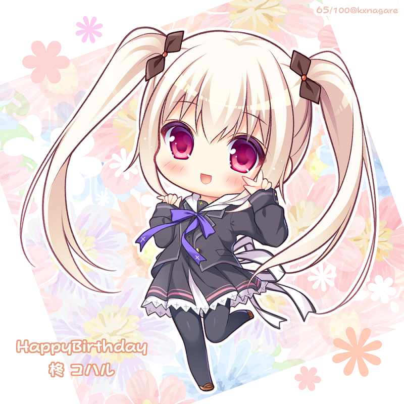 1girl :d black_dress black_jacket black_legwear black_ribbon blush brown_footwear character_name chibi collared_dress commentary_request dress floral_background hair_ribbon hands_up happy_birthday hello_good-bye hiiragi_koharu jacket light_brown_hair loafers long_hair long_sleeves neck_ribbon open_clothes open_jacket open_mouth pantyhose pleated_dress purple_ribbon red_eyes ribbon ryuuka_sane shoes sidelocks sleeves_past_wrists smile solo standing standing_on_one_leg twintails twitter_username very_long_hair w