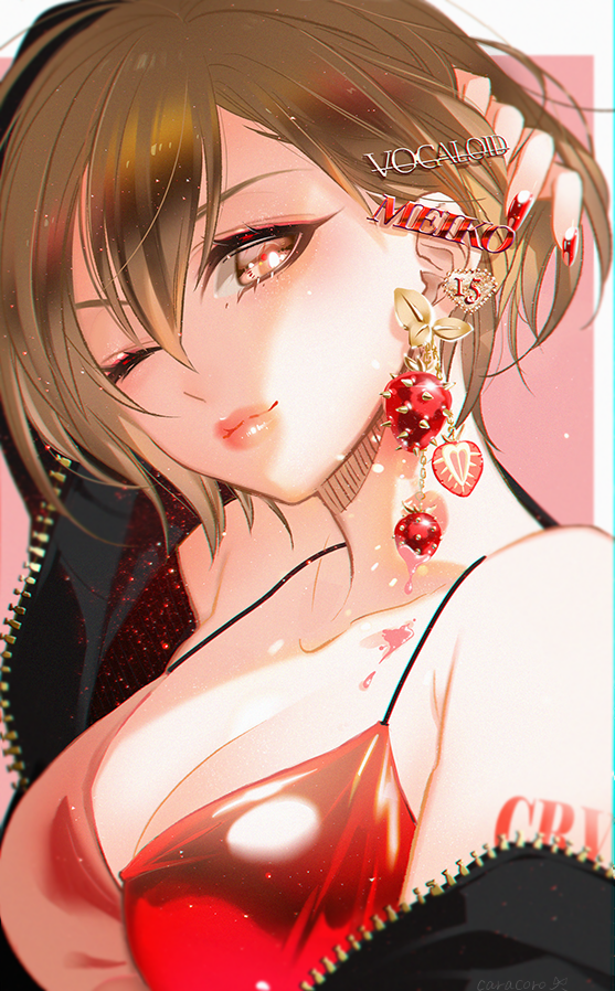 1girl ;) arm_tattoo arm_up bangs bare_shoulders breasts brown_eyes brown_hair character_name cleavage copyright_name dripping earrings food_themed_earrings from_side hair_behind_ear hair_between_eyes hair_lift hand_in_hair jewelry karakoro lipstick liquid looking_at_viewer makeup meiko multiple_earrings nail_polish number off_shoulder one_eye_closed red_background red_lips red_nails sleeveless smile solo strawberry_earrings tattoo upper_body vocaloid