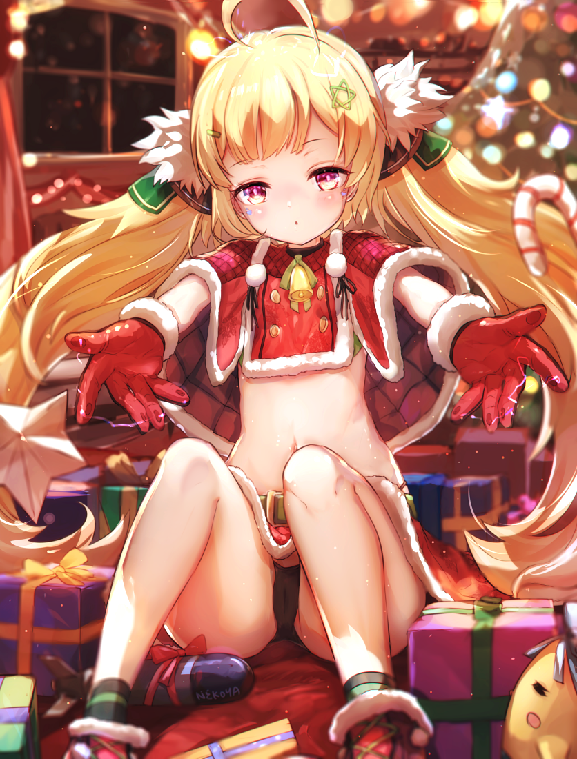 1girl :o ahoge azur_lane bell black_panties blonde_hair box cameltoe capelet christmas christmas_tree commentary_request dyolf eldridge_(azur_lane) eldridge_(holy_night's_embrace)_(azur_lane) electricity flat_chest fur-trimmed_capelet fur-trimmed_gloves fur_trim gift gift_box gloves hair_ornament jingle_bell knees_up long_hair manjuu_(azur_lane) navel outstretched_arms panties purple_eyes red_gloves sitting solo star star_hair_ornament stomach twintails underwear very_long_hair