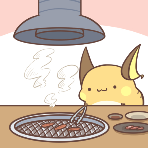 1:1 2019 :3 brown_ears brown_hands cooking food fur grill low_res nintendo orange_body orange_fur pink_background pok&eacute;mon pok&eacute;mon_(species) raichu rairai-no26-chu simple_background steam tongs tools vacuum video_games white_background white_body white_fur yellow_body yellow_ears yellow_fur