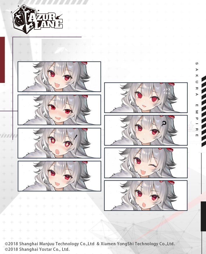 ! +_+ 1girl :t ? @_@ azur_lane blush drooling expression_chart expressions eyebrows_visible_through_hair happy hibiki_(azur_lane) multiple_views official_art one_eye_closed ootsuki_momiji open_mouth red_eyes silver_hair smile surprised sweat