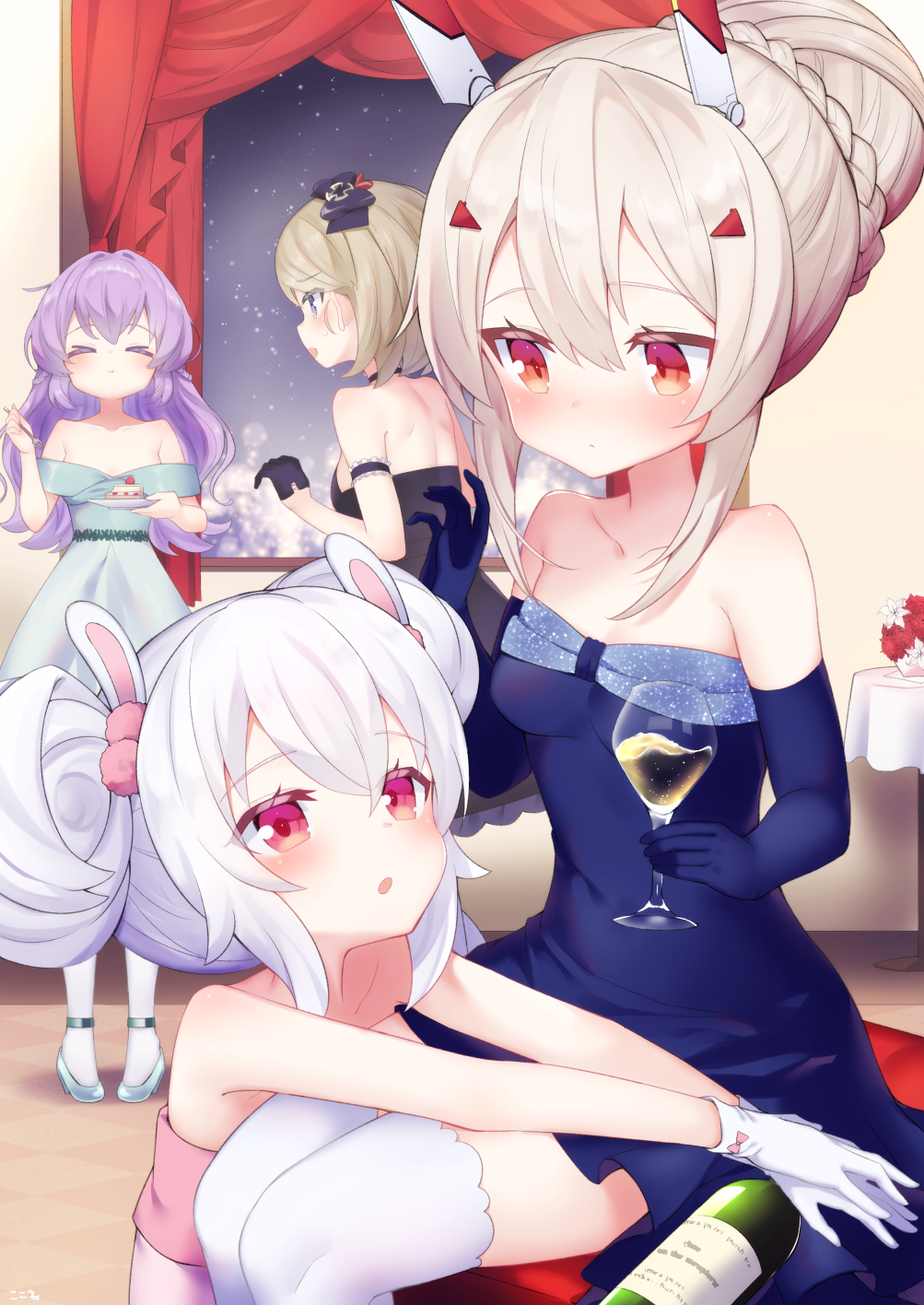 &gt;_&lt; 4girls :o :t animal_ears ayanami_(azur_lane) azur_lane bangs bare_shoulders black_bow black_dress blue_dress blue_footwear blue_gloves blush bottle bow braid breasts bunny_ears cake closed_eyes closed_mouth collarbone commentary_request cup curtains double_bun dress drink drinking_glass eating elbow_gloves eyebrows_visible_through_hair flower food fork gloves hair_between_eyes hair_bow hair_bun hair_ornament hairclip headgear high_heels highres holding holding_cup holding_fork holding_saucer indoors iron_cross javelin_(azur_lane) koko_ne_(user_fpm6842) laffey_(azur_lane) light_brown_hair long_hair multiple_girls open_mouth parted_lips pigeon-toed pink_dress purple_hair red_eyes red_flower shoes sitting slice_of_cake small_breasts standing strapless strapless_dress thighhighs very_long_hair white_dress white_flower white_gloves white_hair white_legwear window z23_(azur_lane)