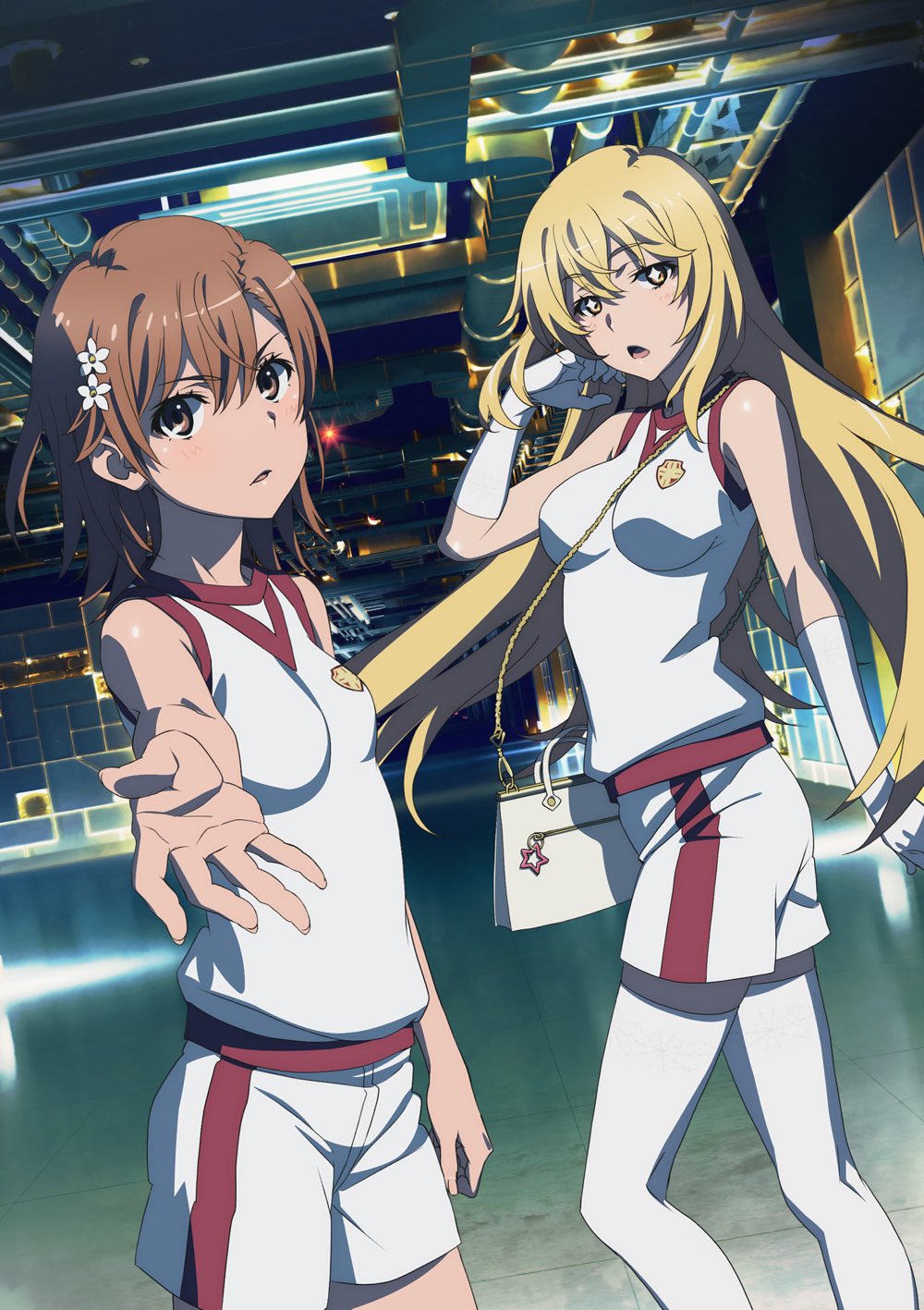 +_+ 2girls artist_request bag between_breasts blonde_hair breasts brown_eyes commentary_request cowboy_shot dutch_angle elbow_gloves gloves gym_uniform hair_ornament hairpin highres large_breasts long_hair looking_at_viewer misaka_mikoto multiple_girls official_art shirt shokuhou_misaki shorts sleeveless sleeveless_shirt standing strap_between_breasts thighhighs to_aru_kagaku_no_railgun to_aru_majutsu_no_index white_gloves white_legwear white_shorts