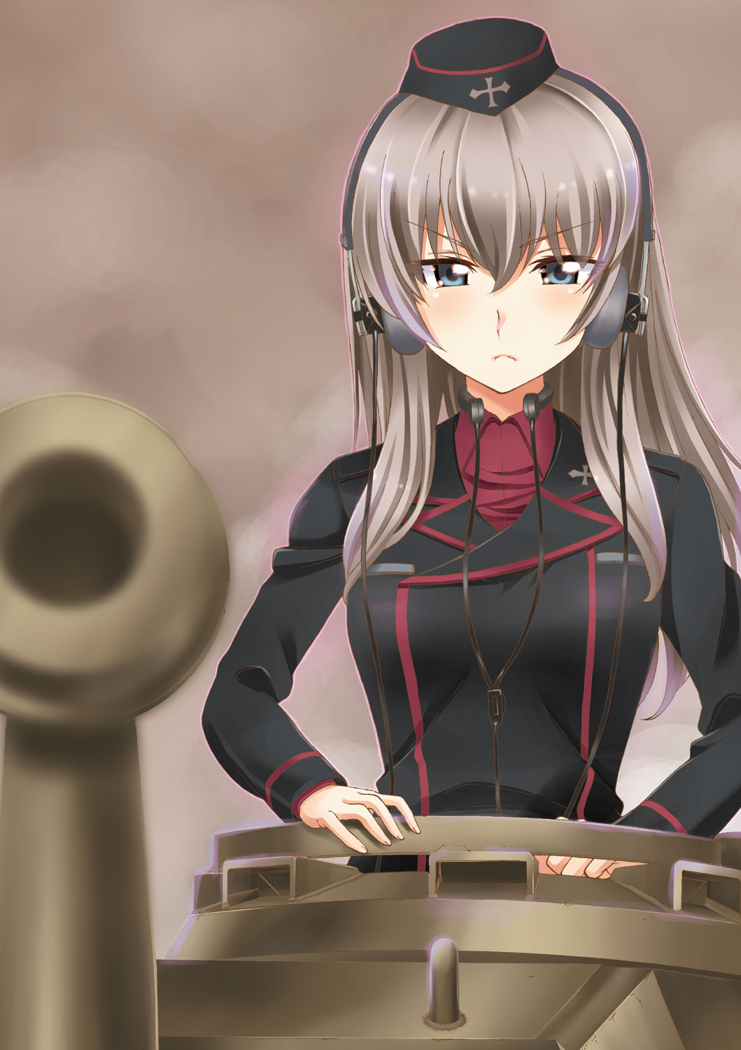 1girl ausf. b bangs black_headwear black_jacket blue_eyes blurry blurry_foreground cannon closed_mouth commentary_request depth_of_field dress_shirt eyebrows_visible_through_hair frown garrison_cap girls_und_panzer girls_und_panzer_phase_erika half-closed_eyes hat headphones highres insignia itsumi_erika jacket kuromorimine_military_uniform long_hair long_sleeves looking_at_viewer military military_hat military_uniform panzerkampfwagen red_shirt saitaniya_ryouichi shirt silver_hair solo tank_cupola throat_microphone tiger uniform v-shaped_eyebrows wing_collar