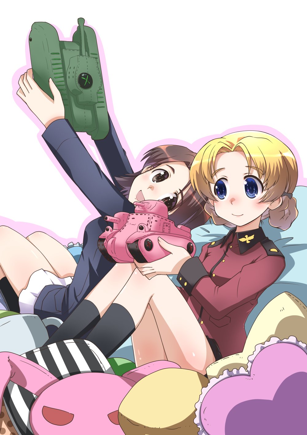 2girls arms_up bangs bean_bag_chair black_legwear black_ribbon black_skirt blue_eyes blue_jacket braid brown_eyes brown_hair bunny_pillow churchill_(tank) closed_mouth commentary_request epaulettes eyebrows_visible_through_hair girls_und_panzer ground_vehicle hair_ribbon heart heart_pillow highres holding insignia jacket light_blush long_sleeves looking_at_another looking_back m3_lee military military_uniform military_vehicle miniskirt model_tank motor_vehicle multiple_girls ooarai_military_uniform open_mouth orange_hair orange_pekoe osamada_meika parted_bangs pillow pleated_skirt purple_outline red_jacket ribbon sawa_azusa short_hair sitting skirt smile socks st._gloriana's_military_uniform star_pillow tank tied_hair twin_braids uniform white_background white_skirt