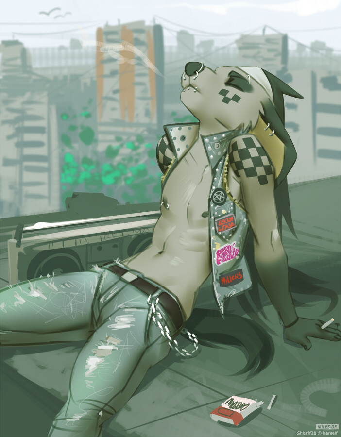 2019 5_fingers anthro black_nose canid canine city day detailed_background digital_media_(artwork) eyes_closed fingers male mammal miles_df navel nipples outside sky solo