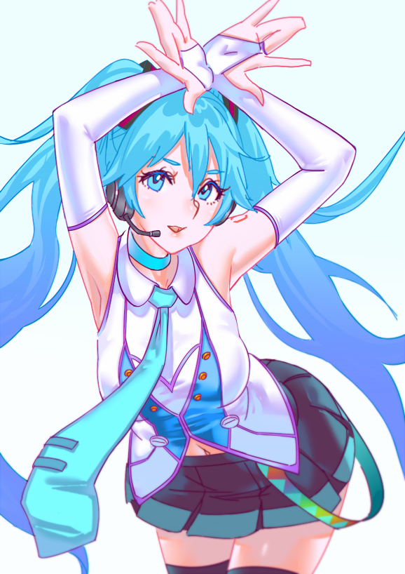 1girl aqua_eyes aqua_hair aqua_neckwear arched_back armpits arms_up bangs black_legwear breasts bridal_gauntlets choker collared_shirt cowboy_shot detached_sleeves elbow_gloves eyelashes fingerless_gloves gloves hair_between_eyes hair_ornament hair_spread_out hatsune_miku headset large_breasts leaning_forward long_hair looking_at_viewer microphone navel necktie open_hands open_mouth pleated_skirt rapa_rachi shiny shiny_clothes shiny_hair shirt sidelocks simple_background skirt sleeveless solo thighhighs twintails vocaloid white_background white_gloves white_shirt zettai_ryouiki