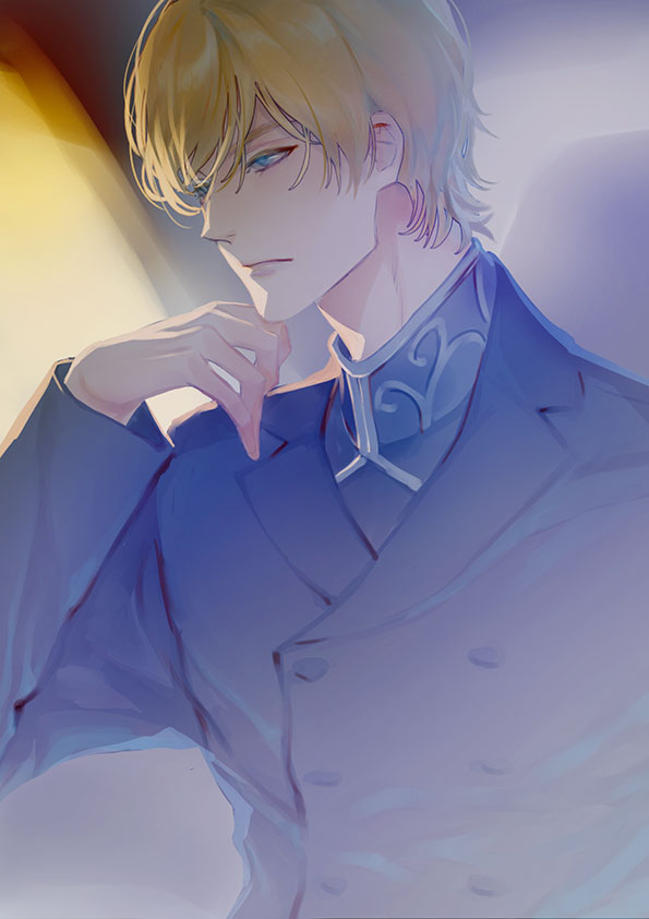 1boy blonde_hair blue_eyes blue_suit ginga_eiyuu_densetsu hand_up lm_0063 long_sleeves male_focus reinhard_von_lohengramm solo upper_body