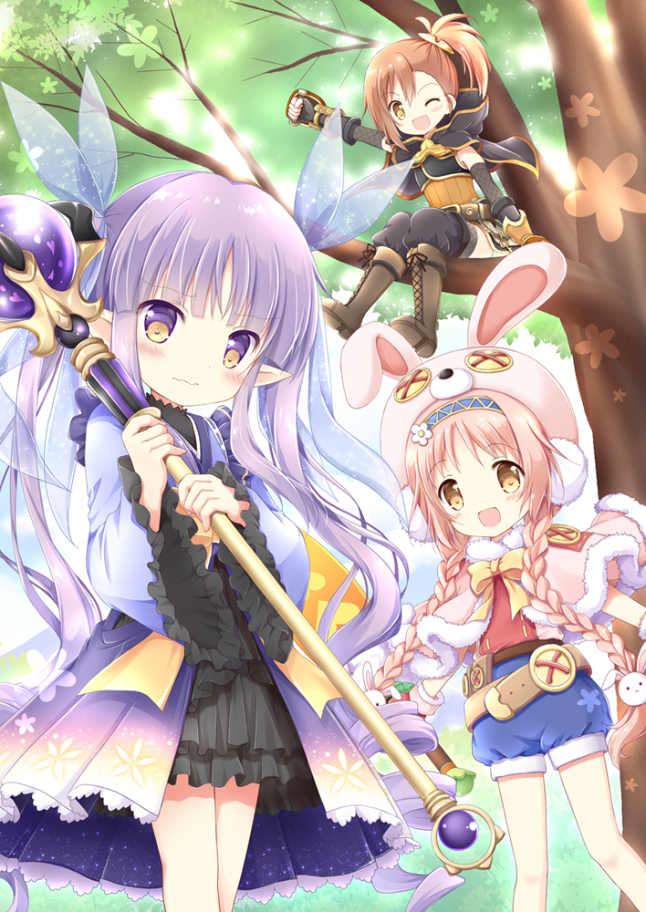 3girls :d ;d akane_mimi animal_ears animal_hat backlighting bangs belt black_cape black_gloves blue_kimono blue_ribbon blue_shorts blunt_bangs blurry blurry_background blush boots braid brown_belt brown_eyes brown_footwear brown_hair bunny_ears bunny_hair_ornament bunny_hat cape capelet closed_mouth commentary_request cross-laced_footwear depth_of_field eyebrows_visible_through_hair fake_animal_ears fingerless_gloves fur-trimmed_capelet fur_trim gloves hair_ornament hair_ribbon hat hikawa_kyoka hodaka_misogi holding holding_staff hood hood_down hooded_cape in_tree japanese_clothes kimono knee_boots lace-up_boots long_hair long_sleeves looking_at_viewer low_twintails multiple_girls nanase_miori one_eye_closed open_mouth orange_shirt orb outstretched_arm pink_capelet pink_hair pink_headwear princess_connect! princess_connect!_re:dive purple_eyes purple_hair red_shirt ribbon shirt shoe_soles short_shorts shorts side_ponytail sitting smile staff standing transparent tree twin_braids twintails vambraces very_long_hair wavy_mouth wide_sleeves