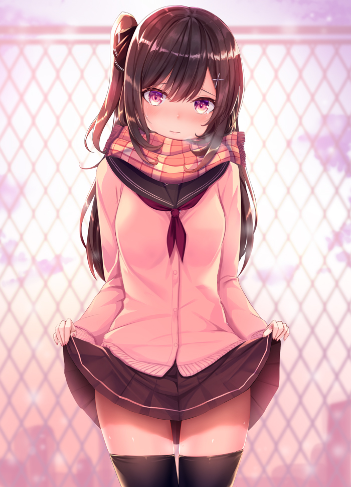 1girl backlighting bangs black_legwear black_neckwear black_skirt blue_sky blurry blurry_background blush brown_eyes brown_hair brown_scarf cardigan chain-link_fence closed_mouth cloud cloudy_sky commentary cowboy_shot day depth_of_field fence fringe_trim hair_ornament haruka_natsuki lifted_by_self light_frown long_hair long_sleeves looking_at_viewer miniskirt neckerchief one_side_up original outdoors pink_sweater plaid plaid_scarf pleated_skirt scarf school_uniform serafuku single_horizontal_stripe skirt skirt_lift sky solo standing sweater thighhighs x_hair_ornament