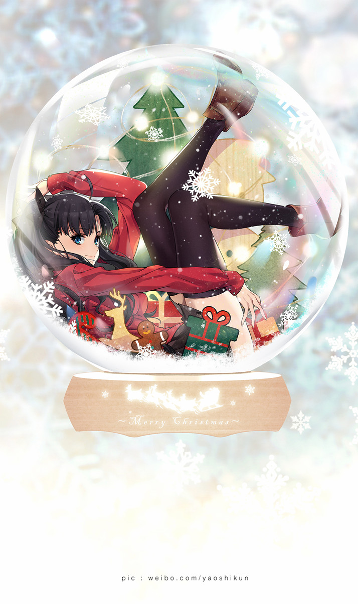 1girl ahoge ankle_boots arm_up bangs black_bow black_hair black_skirt blue_eyes blurry blurry_background boots bow box breasts brown_footwear christmas_tree closed_mouth depth_of_field eyebrows_visible_through_hair fate/stay_night fate_(series) from_side gift gift_box gingerbread_man hair_bow highres legs_up long_hair long_sleeves looking_at_viewer looking_to_the_side lying medium_breasts miniskirt on_back pleated_skirt red_sweater skirt smile snow_globe snowflakes solo sweater thighhighs toosaka_rin two_side_up very_long_hair yaoshi_jun