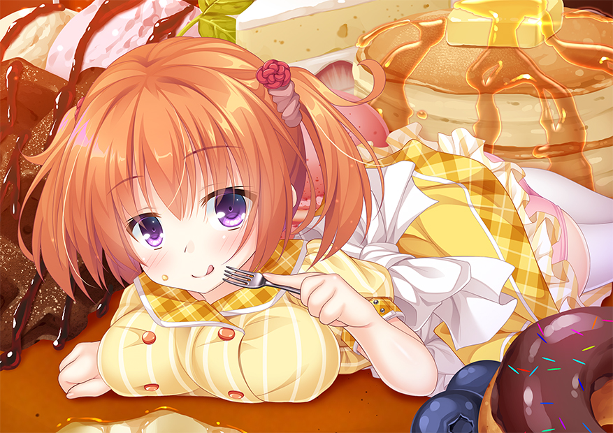 1girl blueberry blush breasts cafe_stella_to_shinigami_no_chou cake doughnut eating food food_on_face fork fruit hair_ornament large_breasts licking_lips looking_at_viewer lying on_stomach orange_hair pancake purple_eyes sekine_irie short_sleeves short_twintails skirt slice_of_cake smile solo stack_of_pancakes sumizome_nozomi syrup thighhighs tongue tongue_out twintails white_legwear yellow_skirt