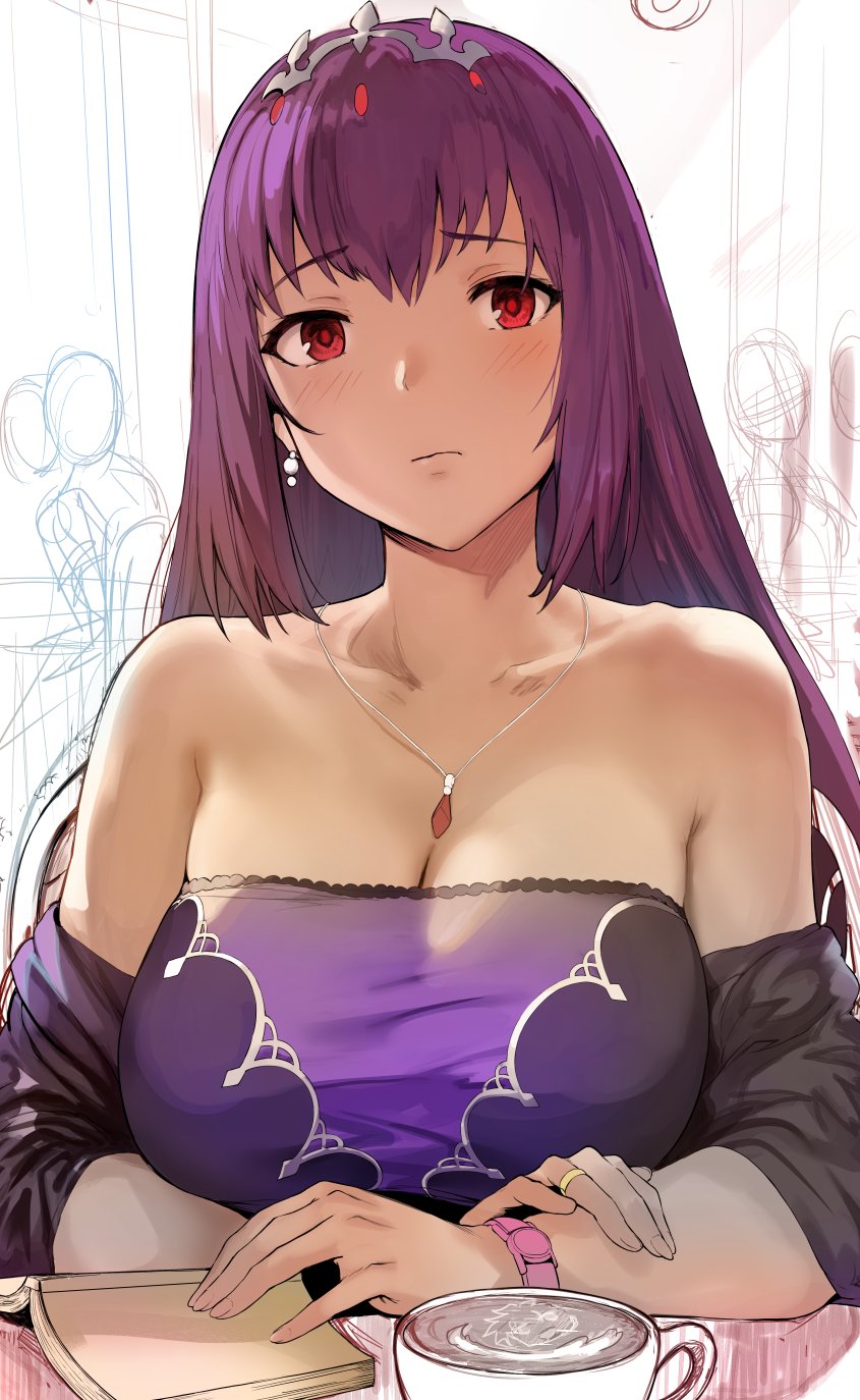 1girl bangs bare_shoulders book breasts cafe cleavage coffee coffee_cup collarbone commentary cup detached_sleeves disposable_cup dress english_commentary eyebrows_visible_through_hair fate/grand_order fate_(series) hair_between_eyes headpiece hews_hack highres jewelry large_breasts long_hair looking_at_viewer necklace purple_dress purple_hair red_eyes scathach_(fate)_(all) scathach_(fate/grand_order) scathach_skadi_(fate/grand_order) shadow sitting sketch solo strapless table tiara upper_body window work_in_progress