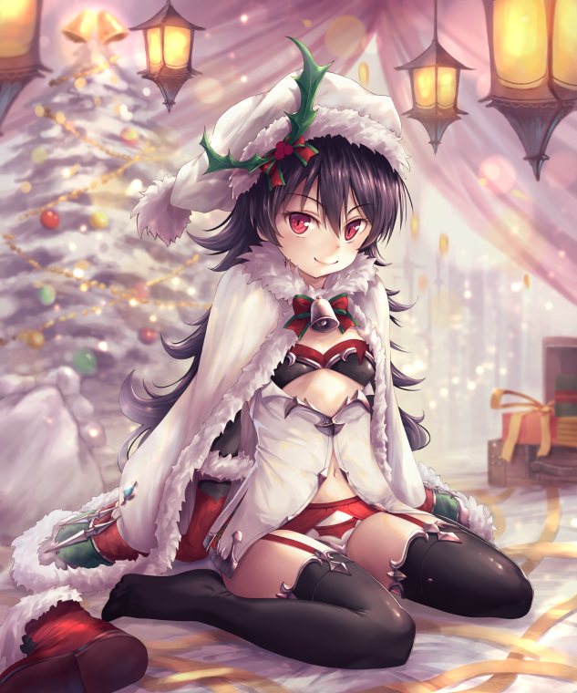 &gt;:) 1girl bangs bell black_hair black_legwear boots boots_removed breasts christmas christmas_ornaments christmas_tree cloak closed_mouth commentary_request dress eyebrows_visible_through_hair footwear_removed full_body fur-trimmed_boots fur-trimmed_cloak fur-trimmed_hat fur-trimmed_sleeves fur_trim gloves hair_between_eyes hair_ornament hat ilya_ornstein lantern long_hair long_sleeves no_shoes ouka_(ra-raradan) princess_connect! princess_connect!_re:dive red_eyes red_footwear red_gloves santa_hat sitting small_breasts smile solo thighhighs v-shaped_eyebrows very_long_hair wariza white_cloak white_dress white_headwear