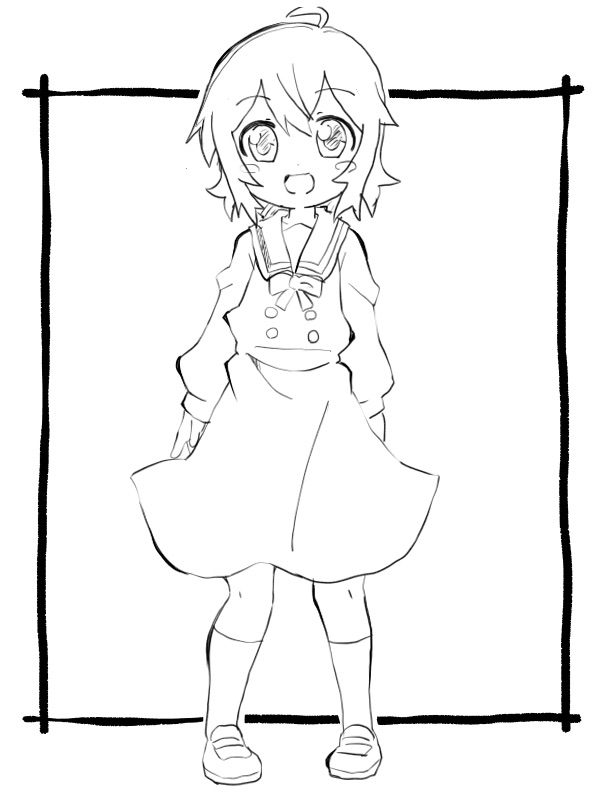 1girl :d ahoge bangs blush commentary_request dress eyebrows_visible_through_hair frame full_body greyscale konomori_kanon long_sleeves looking_at_viewer monochrome open_mouth ribbon sailor_collar school_uniform short_hair simple_background smile solo standing watashi_ni_tenshi_ga_maiorita! white_background zubatto_(makoto)