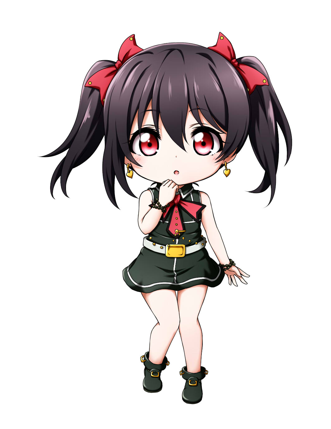 1girl :o bangs bare_shoulders belt belt_buckle bibi_(love_live!) black_dress black_footwear black_hair blush boots bow bracelet buckle chibi collared_dress diamond_princess_no_yuuutsu dress earrings eyebrows_visible_through_hair full_body hair_between_eyes hair_bow hand_up heart heart_earrings highres jewelry kuena long_hair looking_at_viewer love_live! love_live!_school_idol_project parted_lips red_bow red_eyes sidelocks simple_background solo twintails white_background white_belt yazawa_nico