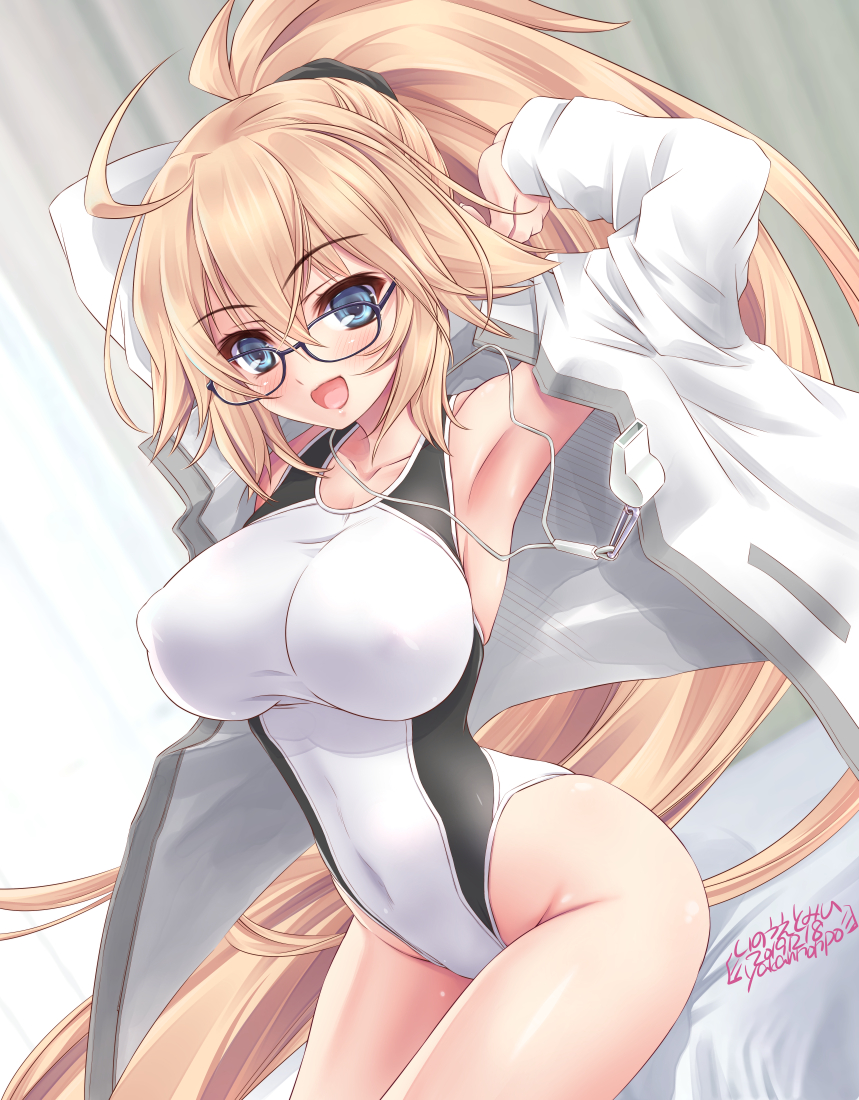 1girl arms_behind_head artist_name breasts commentary_request competition_swimsuit cowboy_shot dated fate/grand_order fate_(series) glasses highleg highleg_swimsuit inoue_tomii jacket jeanne_d'arc_(fate)_(all) jeanne_d'arc_(swimsuit_archer) large_breasts looking_at_viewer one-piece_swimsuit ponytail sitting solo swimsuit twitter_username whistle whistle_around_neck white_jacket white_swimsuit