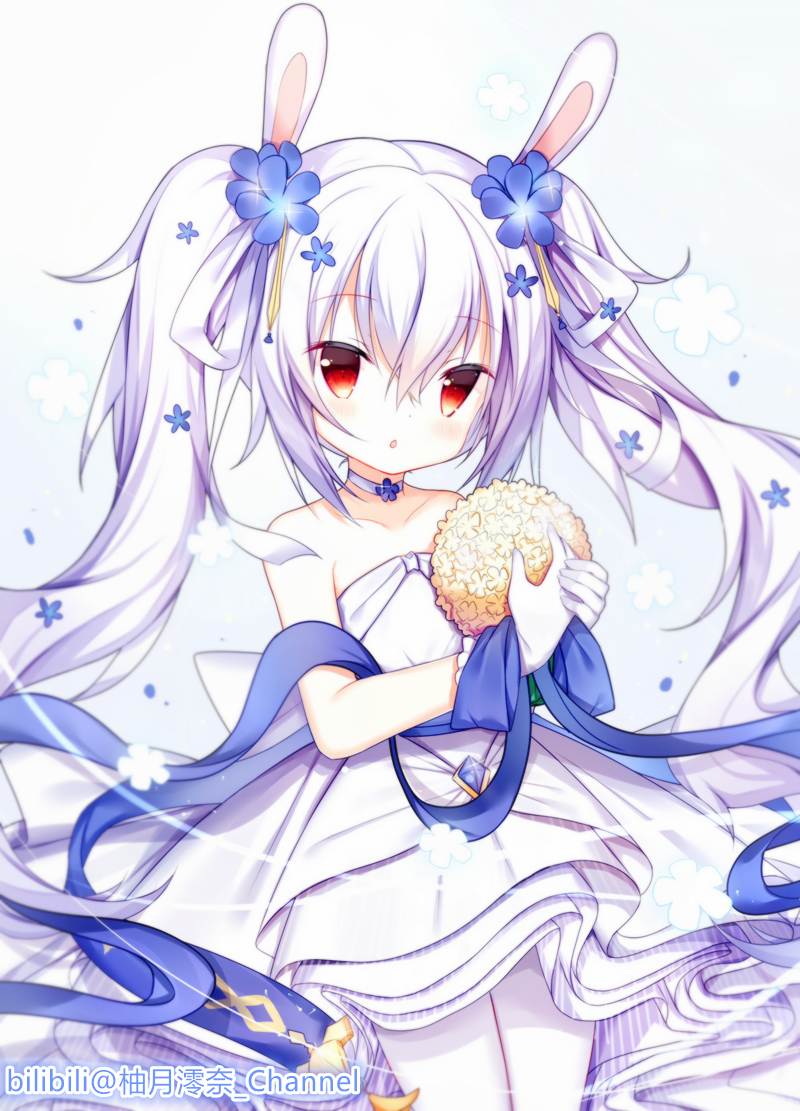 1girl animal_ears azur_lane bangs blue_flower blush bouquet bunny_ears chestnut_mouth dress eyebrows_visible_through_hair flower gloves hair_between_eyes hair_flower hair_ornament hair_ribbon holding holding_bouquet laffey_(azur_lane) laffey_(white_rabbit's_oath)_(azur_lane) long_hair pantyhose parted_lips red_eyes ribbon sidelocks solo strapless strapless_dress tengxiang_lingnai twintails very_long_hair white_dress white_gloves white_hair white_legwear white_ribbon yellow_flower