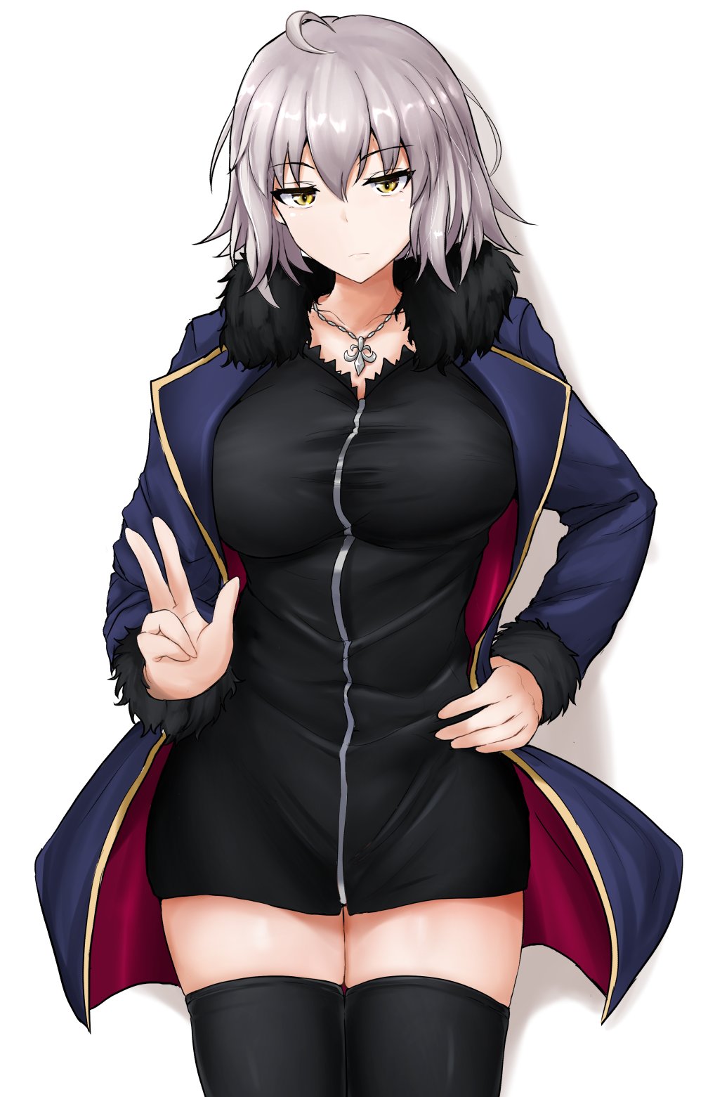 1girl ahoge bangs black_dress black_legwear blue_jacket blush breasts closed_mouth dress fate/grand_order fate_(series) full-length_zipper fur-trimmed_jacket fur-trimmed_sleeves fur_trim hair_between_eyes highres jacket jeanne_d'arc_(alter)_(fate) jeanne_d'arc_(fate)_(all) jewelry large_breasts long_sleeves looking_at_viewer necklace open_clothes open_jacket poshi_(ginmokusei) short_dress short_hair silver_hair simple_background solo thighhighs thighs white_background wicked_dragon_witch_ver._shinjuku_1999 yellow_eyes zipper