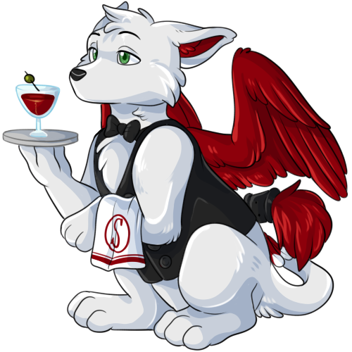 1:1 beverage bottomless bow_tie canid canine clothed clothing fox low_res male mammal mouthless rakete semi-anthro serving_tray solo topwear towel vest wings