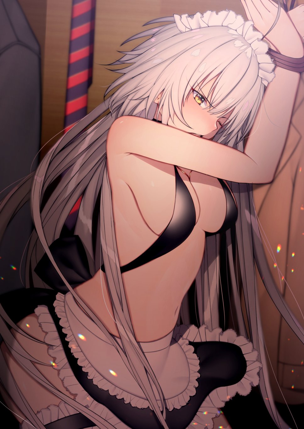 1girl alternate_costume apron artoria_pendragon_(all) artoria_pendragon_(swimsuit_rider_alter) artoria_pendragon_(swimsuit_rider_alter)_(cosplay) bangs bdsm bikini black_bikini blush bondage bound bound_wrists breasts cosplay enmaided eyebrows_visible_through_hair fate/grand_order fate_(series) frilled_apron frills highres jeanne_d'arc_(alter_swimsuit_berserker) jeanne_d'arc_(fate)_(all) large_breasts long_hair looking_at_viewer maid maid_bikini maid_headdress mairudo_(mildcoffee1117) navel nose_blush one_eye_closed open_mouth silver_hair solo stomach swimsuit thigh_strap very_long_hair waist_apron yellow_eyes