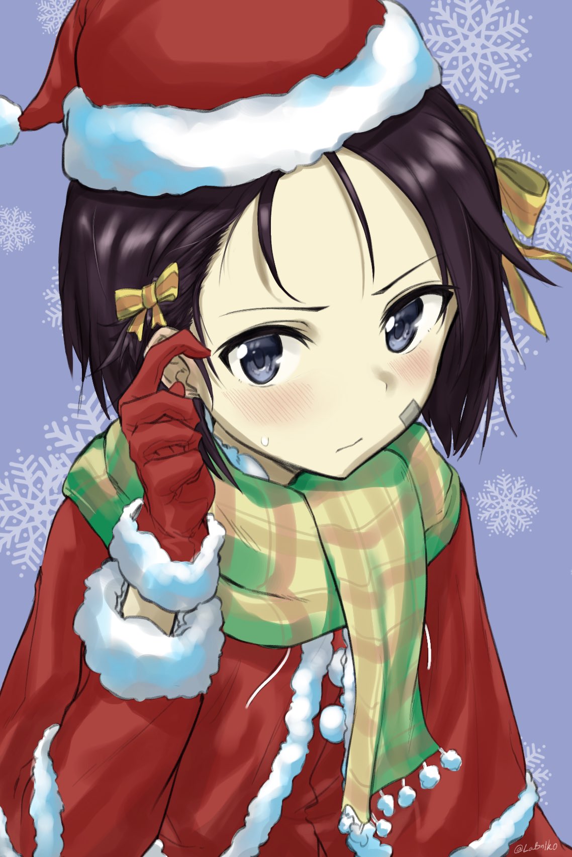 1girl alternate_costume black_eyes black_hair blush brave_witches capelet fankupl fur-trimmed_capelet fur_trim hair_ribbon highres kanno_naoe looking_at_viewer ribbon santa_costume scarf scratching_cheek short_hair snowflake_background solo swimsuit swimsuit_under_swimsuit twitter_username world_witches_series yellow_ribbon