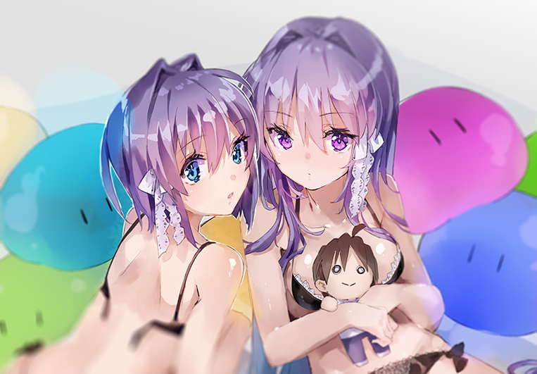 blue_eyes bra hair_ribbon long_hair looking_at_viewer pillow purple_eyes purple_hair ribbon short_hair stuffed_toy underwear yuugen