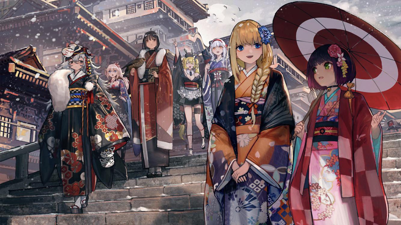 6+girls 9a-91_(girls_frontline) ahoge black_kimono blue_kimono building closed_eyes dinergate_(girls_frontline) floral_print flower fox_mask g11_(girls_frontline) girls_frontline hair_flower hair_ornament hairband hat japanese_clothes kimono kimono_skirt long_hair long_sleeves m1a1_(girls_frontline) mask mg3_(girls_frontline) multiple_girls new_year obi official_art orange_kimono pink_kimono red_kimono sandals sash socks sr-3mp_(girls_frontline) stairs temple type_4_(girls_frontline) umbrella zvi_falcon_(girls_frontline)