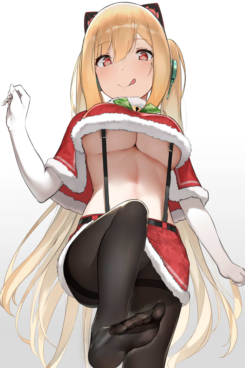 1girl azur_lane bangs black_legwear blonde_hair blush breasts cat_ear_headphones closed_mouth concord_(azur_lane) concord_(sweet_christmas)_(azur_lane) headphones highres large_breasts licking_lips long_hair looking_at_viewer nnoelllll red_eyes simple_background smile solo star star-shaped_pupils symbol-shaped_pupils thighhighs tongue tongue_out white_background