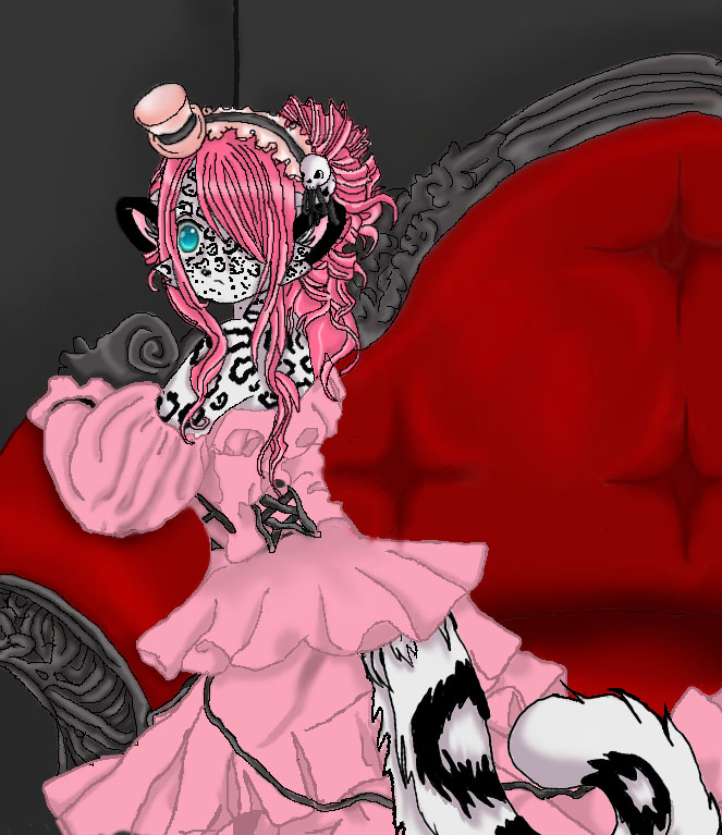 anthro clothed clothing corset cub digital_media_(artwork) dress felid female frilly furniture goth hair hair_over_eye inside kinkyz lacing lingerie mammal mini_top_hat mixed_media one_eye_obstructed pantherine pink_clothing pink_hair real snow_leopard sofa solo young