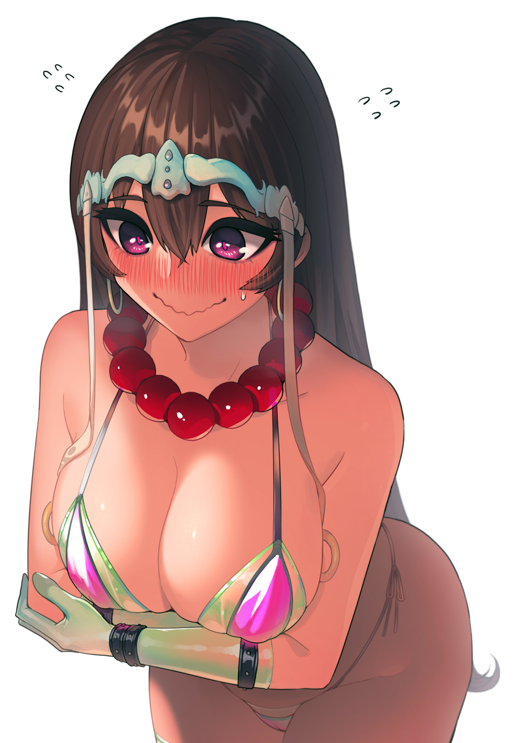 1girl arms_under_breasts bangs bare_shoulders bead_necklace beads bikini blush breasts brown_hair cleavage commentary_request crossed_arms earrings elbow_gloves fate/grand_order fate_(series) flying_sweatdrops gloves green_bikini green_gloves hair_between_eyes headpiece highres hoop_earrings jewelry large_breasts layered_bikini long_hair necklace prayer_beads purple_bikini purple_eyes rubber_gloves side-tie_bikini simple_background smile solo sungwon sweatdrop swimsuit trick_or_treatment wavy_mouth white_background xuanzang_(fate/grand_order)