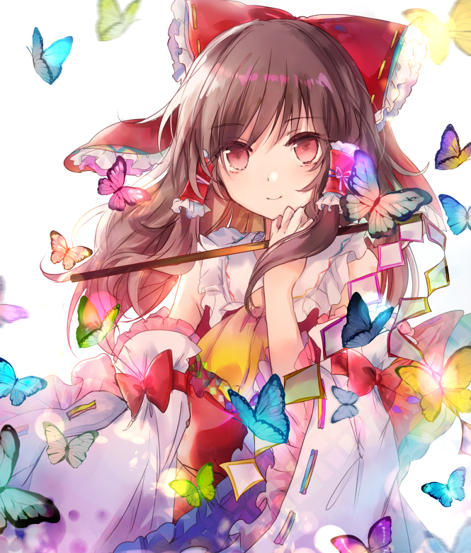 1girl bangs bow brown_hair bug butterfly closed_mouth cravat detached_sleeves eyebrows_visible_through_hair frilled_bow frilled_shirt_collar frilled_sleeves frills glowing_butterfly gohei hair_bow hair_tubes hakurei_reimu half_updo holding insect kazu_(muchuukai) long_hair looking_at_viewer motion_blur nontraditional_miko red_bow red_eyes ribbon-trimmed_bow ribbon-trimmed_sleeves ribbon_trim shide sidelocks simple_background solo too_many touhou upper_body white_background wide_sleeves yellow_neckwear