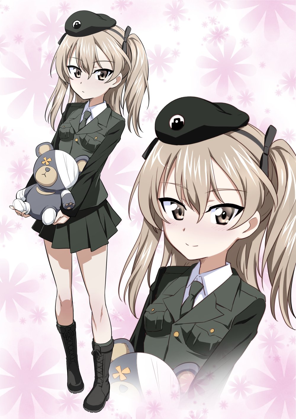 1girl bandages bangs beret black_footwear black_headwear black_jacket black_neckwear black_ribbon black_skirt boko_(girls_und_panzer) boots closed_mouth cross-laced_footwear dress_shirt emblem eyebrows_visible_through_hair floral_background girls_und_panzer hair_ribbon hat highres holding holding_stuffed_animal jacket japanese_tankery_league_(emblem) lace-up_boots light_brown_eyes light_brown_hair light_frown long_hair long_sleeves looking_at_viewer military military_hat military_uniform miniskirt multiple_views nakahira_guy necktie one_side_up pleated_skirt ribbon selection_university_military_uniform shimada_arisu shirt skirt smile standing stuffed_animal stuffed_toy teddy_bear uniform white_shirt