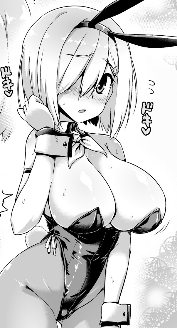 1girl animal_ears ascot breasts bunny_ears bunny_tail bunnysuit cleavage commentary_request cowboy_shot detached_collar greyscale hair_ornament hair_over_one_eye hairclip hamakaze_(kantai_collection) highleg highleg_leotard huge_breasts kantai_collection leotard looking_at_viewer monochrome pantyhose short_hair solo strapless strapless_leotard tail wrist_cuffs yoshi_tama
