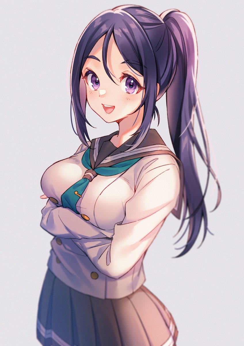 1girl :d blush breasts commentary_request crossed_arms green_neckwear hair_between_eyes high_ponytail highres large_breasts long_hair long_ponytail looking_at_viewer love_live! love_live!_sunshine!! matsuura_kanan moyui_(myi_005) open_mouth pleated_skirt ponytail purple_eyes purple_hair sailor_collar school_uniform serafuku sidelocks skirt smile uranohoshi_school_uniform