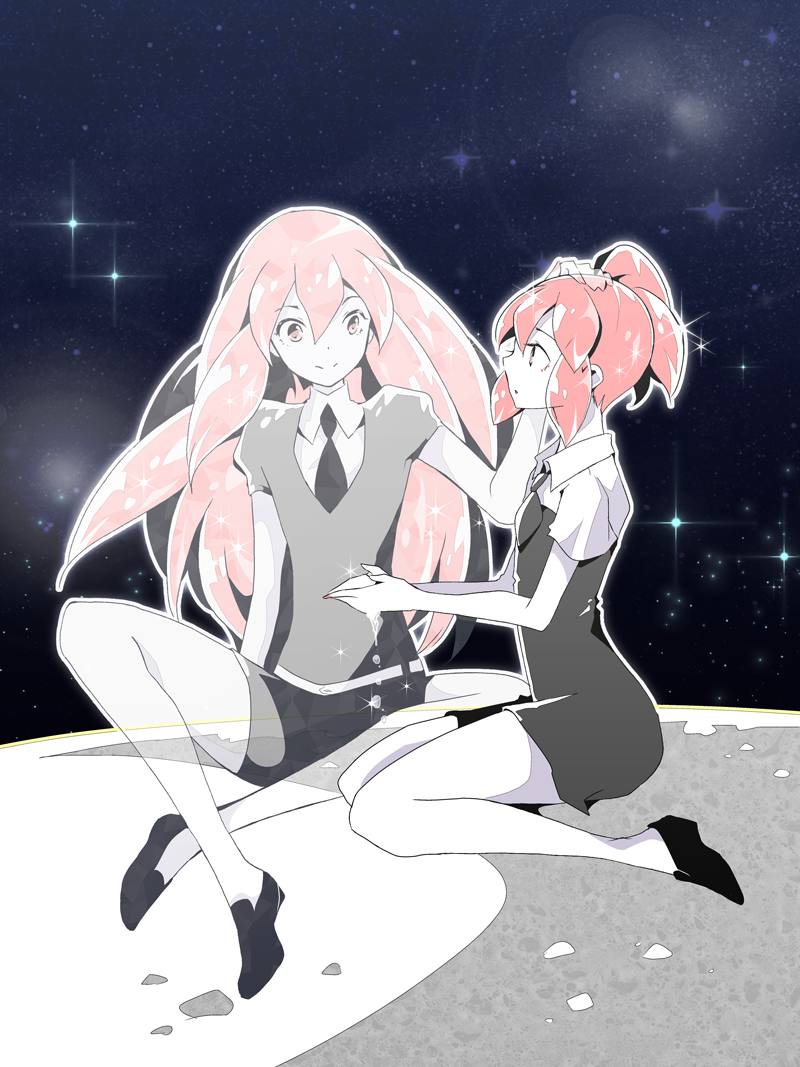 2others androgynous black_footwear black_neckwear crossed_ankles cupping_hands dust eye_contact full_body gem_uniform_(houseki_no_kuni) hand_on_another's_head houseki_no_kuni knee_up long_hair looking_at_another morganite_(houseki_no_kuni) morganite_(new)_(houseki_no_kuni) multiple_others necktie petting pink_hair pink_nails puffy_short_sleeves puffy_sleeves short_hair short_sleeves shorts sitting sparkle spoilers star_(sky) transparent zun_goshemoru