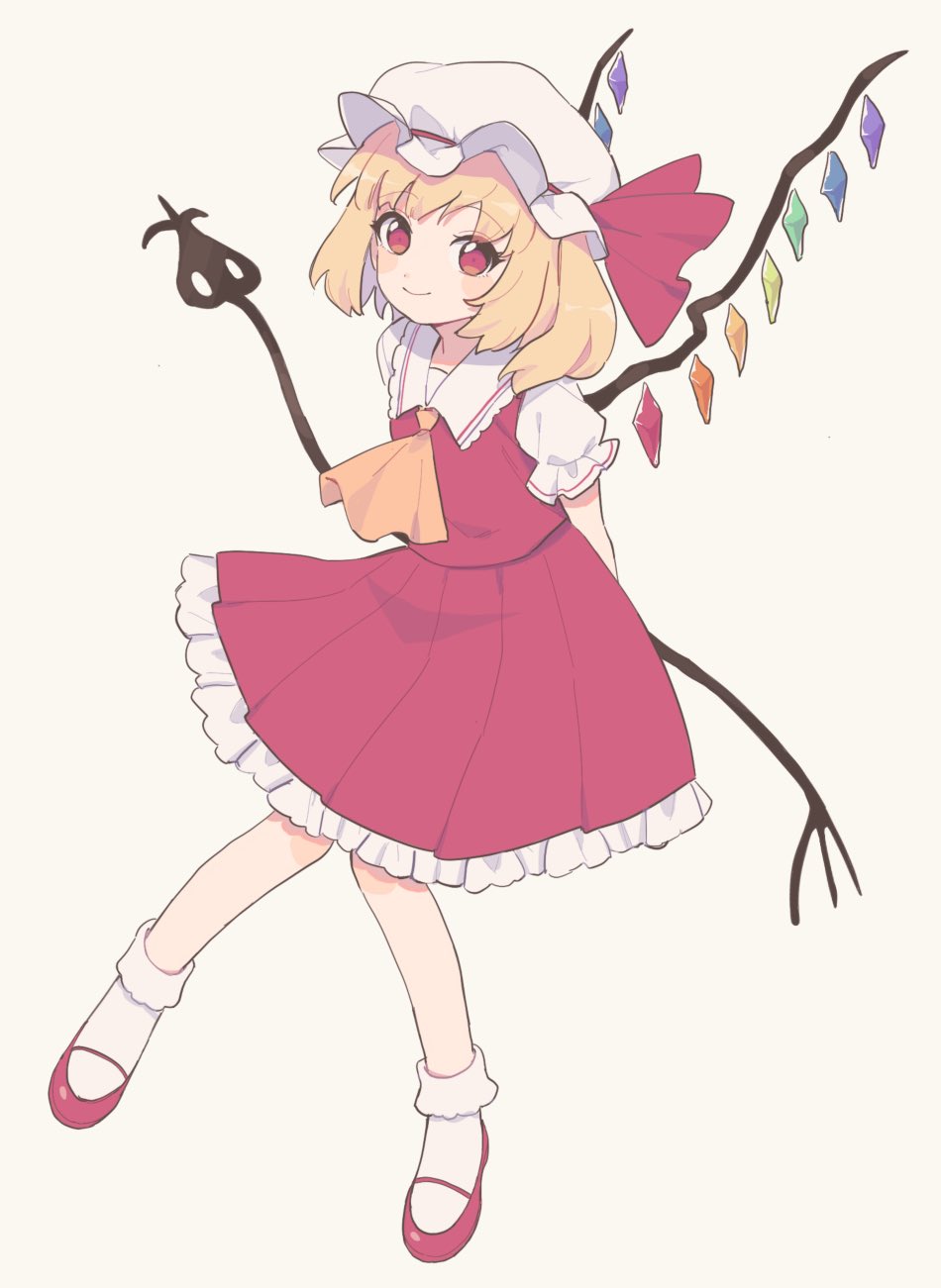 1girl ascot blonde_hair bow crystal eyebrows_visible_through_hair flandre_scarlet frilled_shirt_collar frills gomi_(kaiwaresan44) hat highres laevatein mob_cap puffy_short_sleeves puffy_sleeves red_bow red_eyes red_footwear red_skirt red_vest ribbon shirt short_hair short_sleeves side_ponytail simple_background skirt smile solo touhou vest white_shirt wings