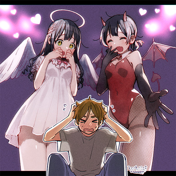 1boy 2girls angel angel_and_devil angel_wings bat_wings black_gloves black_hair braid brown_hair closed_eyes dark_persona dated demon demon_girl demon_horns demon_tail demon_wings detached_collar dress elbow_gloves fangs feathered_wings fishnet_legwear fishnets gloves green_eyes halo horns kitashirakawa_tamako leotard light_persona long_hair low_twintails mini_wings momose_(oqo) multiple_girls multiple_persona ooji_mochizou pantyhose red_leotard sweatdrop symbol-shaped_pupils tail tamako_market twintails white_dress white_wings wings yellow_pupils