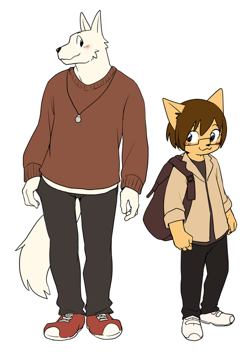 2019 anthro blush canid canine canis clothing domestic_cat domestic_dog felid feline felis looking_at_viewer mammal manmosu_marimo shota_feline_(marimo) simple_background smile standing white_background white_canine_(marimo)