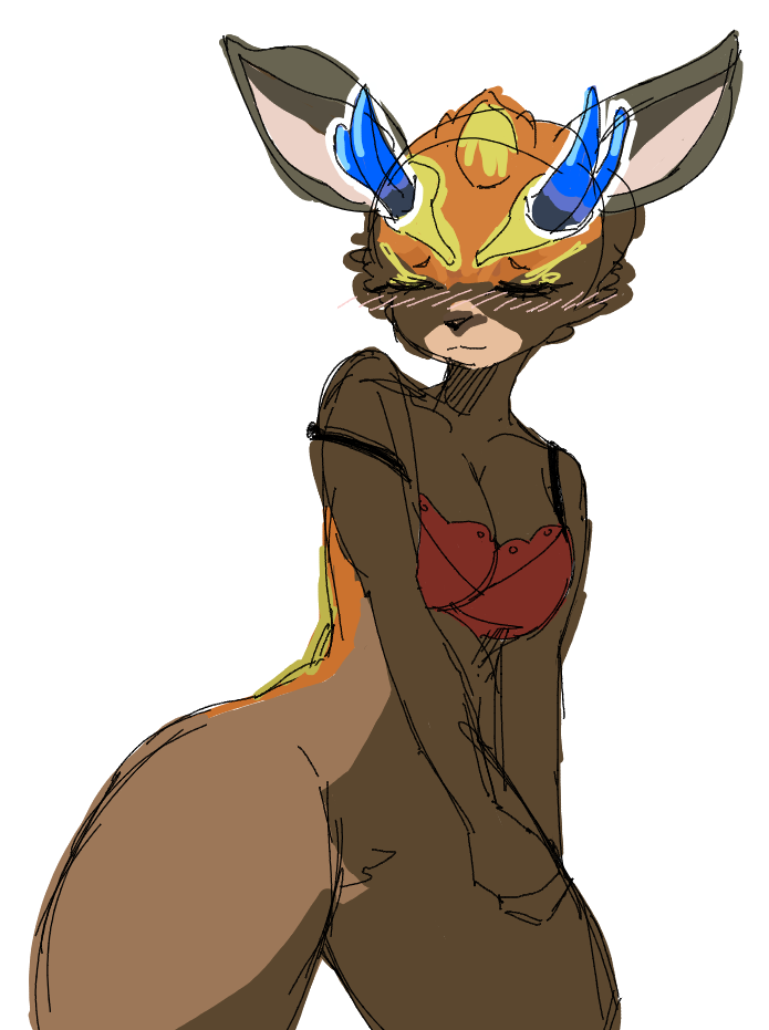 anthro ark_survival_evolved bra breasts clothing eyes_closed fluffyomix fur horn multicolored_body multicolored_fur shinehorn sketch underwear
