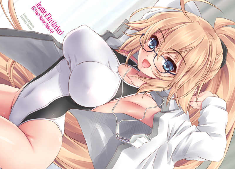 1girl :d arms_behind_head artist_name breasts character_name commentary_request competition_swimsuit cowboy_shot dated fate/grand_order fate_(series) glasses highleg highleg_swimsuit inoue_tomii jacket jeanne_d'arc_(fate)_(all) jeanne_d'arc_(swimsuit_archer) large_breasts long_hair looking_at_viewer one-piece_swimsuit open_mouth ponytail sideways sitting smile solo swimsuit twitter_username whistle whistle_around_neck white_jacket white_swimsuit