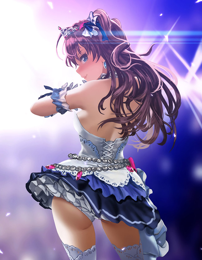 1girl ahoge ass backlighting bangs bare_shoulders blue_eyes blush breasts commentary_request contrapposto cowboy_shot dress earrings from_behind gloves halterneck hamedoragon ichinose_shiki idolmaster idolmaster_cinderella_girls idolmaster_cinderella_girls_starlight_stage jewelry long_hair looking_at_viewer medium_breasts smile solo stage_lights starry_sky_bright thighhighs tiara wavy_hair white_gloves