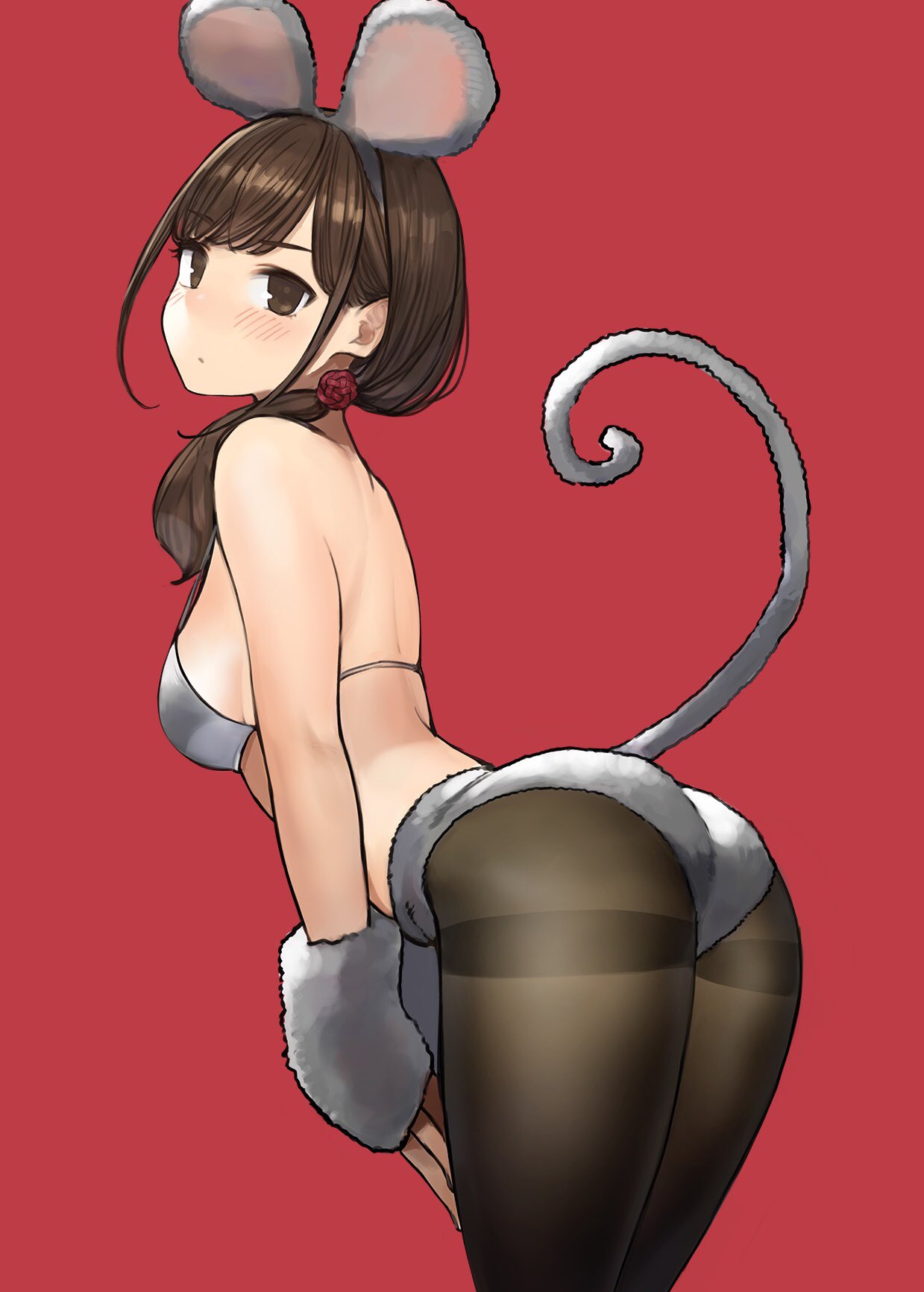 1girl animal_ears ass breasts brown_eyes brown_hair commentary eyebrows_visible_through_hair fake_animal_ears grey_bikini_top hair_over_shoulder highres long_hair looking_back medium_breasts mouse_ears mouse_tail original pantyhose red_background sideboob simple_background standing tail thighband_pantyhose yomu_(sgt_epper)