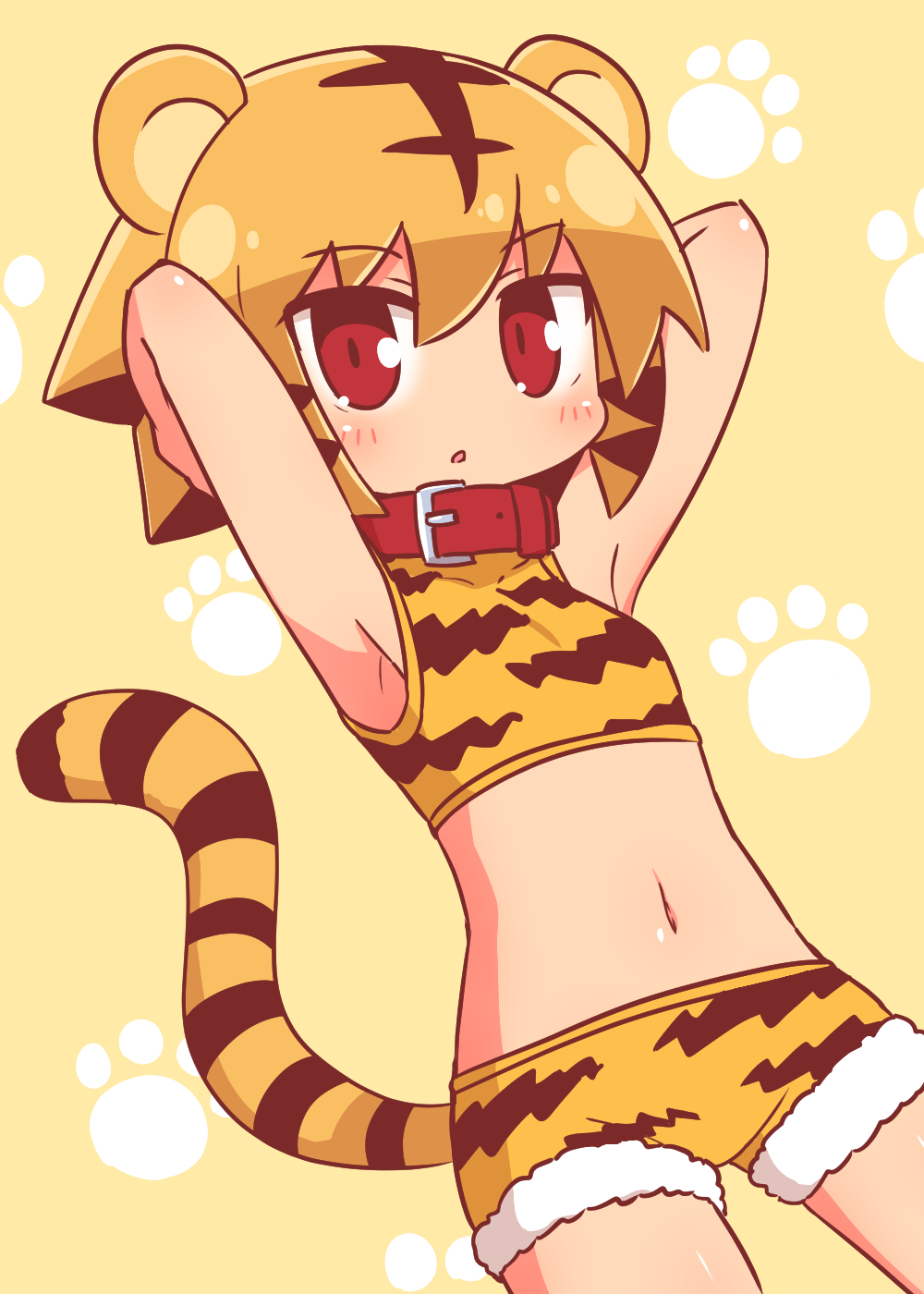 1girl :o animal_ears animal_print armpits arms_up bangs bare_arms bare_shoulders black_hair blush breasts brown_hair collar crop_top eyebrows_visible_through_hair fur-trimmed_shorts hair_between_eyes highres kumatanchi looking_at_viewer midriff multicolored_hair naga_u navel parted_lips red_collar red_eyes shirt short_shorts shorts sleeveless sleeveless_shirt small_breasts solo tail tiger_ears tiger_girl tiger_print tiger_tail tora-oneesan two-tone_hair yellow_shirt yellow_shorts