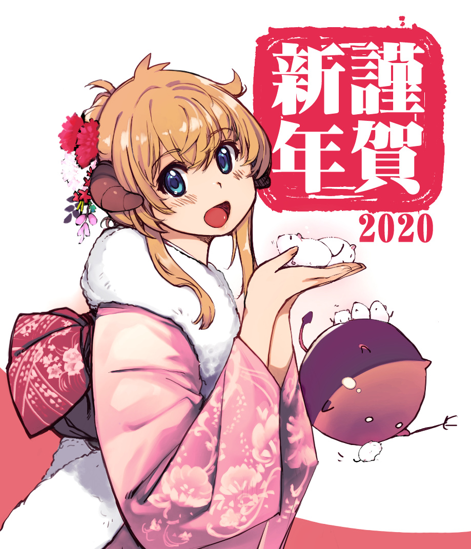1girl 2020 animal animal_on_hand blue_eyes chinese_zodiac commentary_request floral_print flower fur_collar hair_flower hair_ornament horns japanese_clothes kimono light_brown_hair looking_at_viewer obi open_mouth pink_kimono ragnarok_online rat sash solo_focus whitesmith xration year_of_the_rat