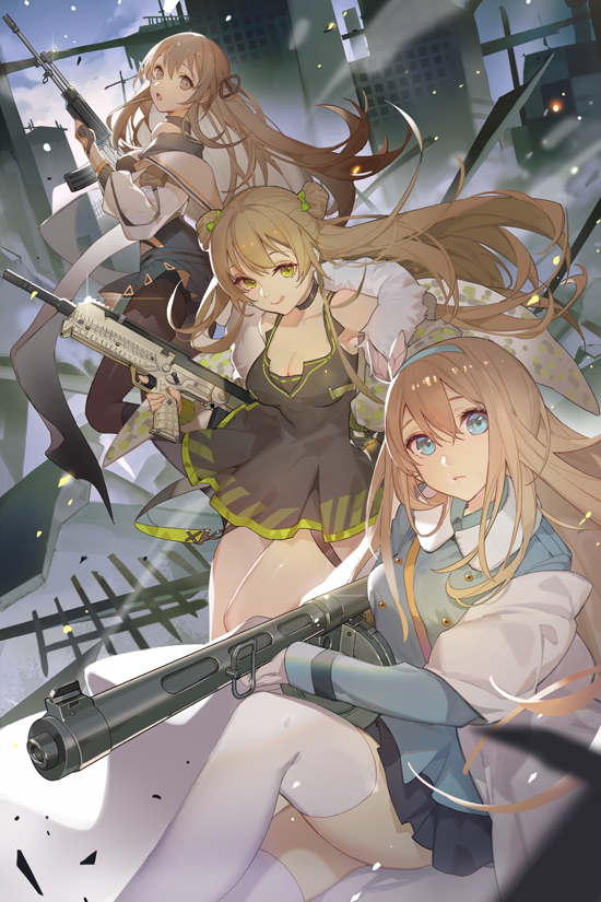 3girls :o :q bangs bare_shoulders black_dress blue_eyes blue_hairband blurry bow breasts brown_hair brown_legwear building choker cleavage cloak depth_of_field double-breasted double_bun dress finger_on_trigger floating_hair fur-trimmed_jacket fur_trim girls_frontline glint gloves gradient green_eyes gun hair_between_eyes hair_bow hair_ornament hairband holding holding_gun holding_weapon jacket k-2_(girls_frontline) knee_up light_brown_hair long_hair long_sleeves looking_at_viewer looking_to_the_side medium_breasts multiple_girls off_shoulder open_clothes open_jacket outdoors pantyhose rfb_(girls_frontline) rifle sidelocks sitting sleeveless sleeveless_dress smile songjikyo suomi_kp31_(girls_frontline) thighhighs tongue tongue_out weapon white_cloak white_legwear wind