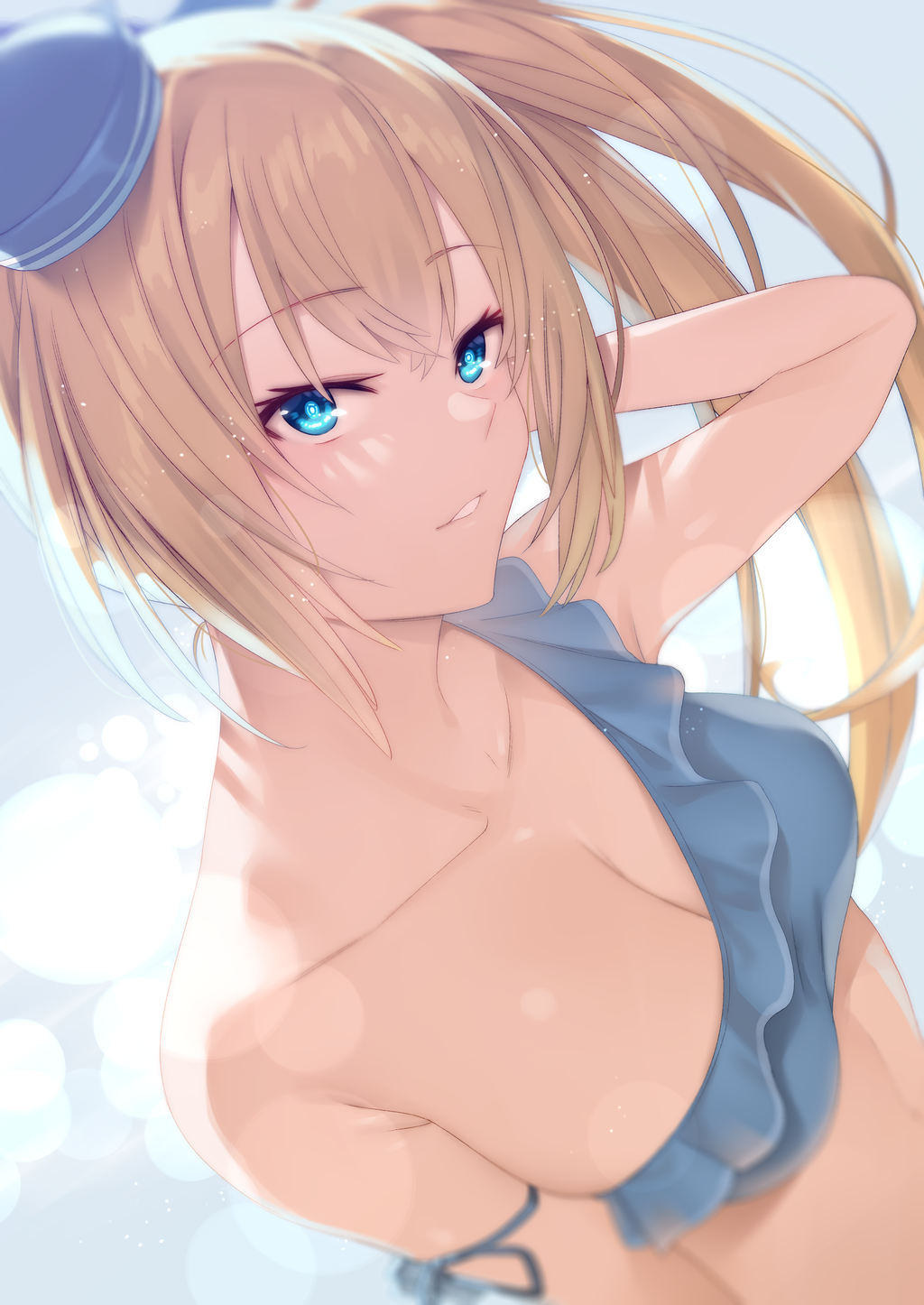 1girl 7zu7 arm_at_side arm_ribbon arm_up asymmetrical_clothes bangs bare_arms bare_shoulders bikini blonde_hair blue_bikini blue_eyes blue_headwear blue_ribbon breasts cleavage collarbone commentary_request eyebrows_visible_through_hair hat highres lens_flare long_hair looking_at_viewer medium_breasts mini_hat mirai_akari mirai_akari_project parted_lips ribbon side_ponytail smile solo swimsuit upper_body virtual_youtuber