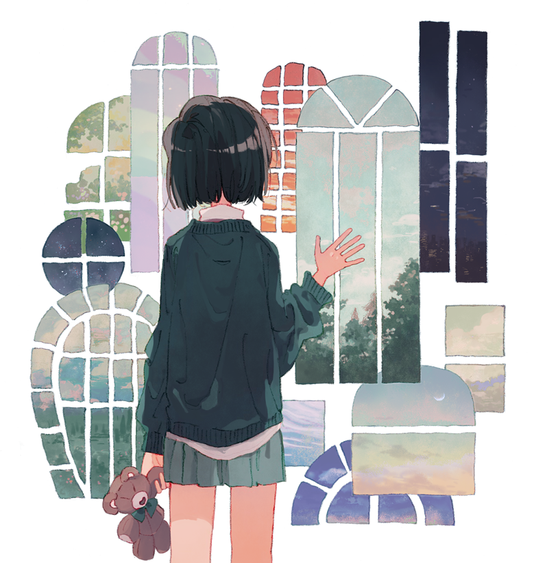 1girl arm_at_side backlighting black_hair blending cityscape cloud cloudy_sky cowboy_shot facing_away from_behind gradient_sky green_ribbon green_skirt green_sweater hand_on_window hand_up holding indoors ka_(marukogedago) long_sleeves looking_out_window miniskirt moon original pleated_skirt ribbon round_window short_hair skirt sky solo star_(sky) stuffed_animal stuffed_toy sweater teddy_bear tree white_background window