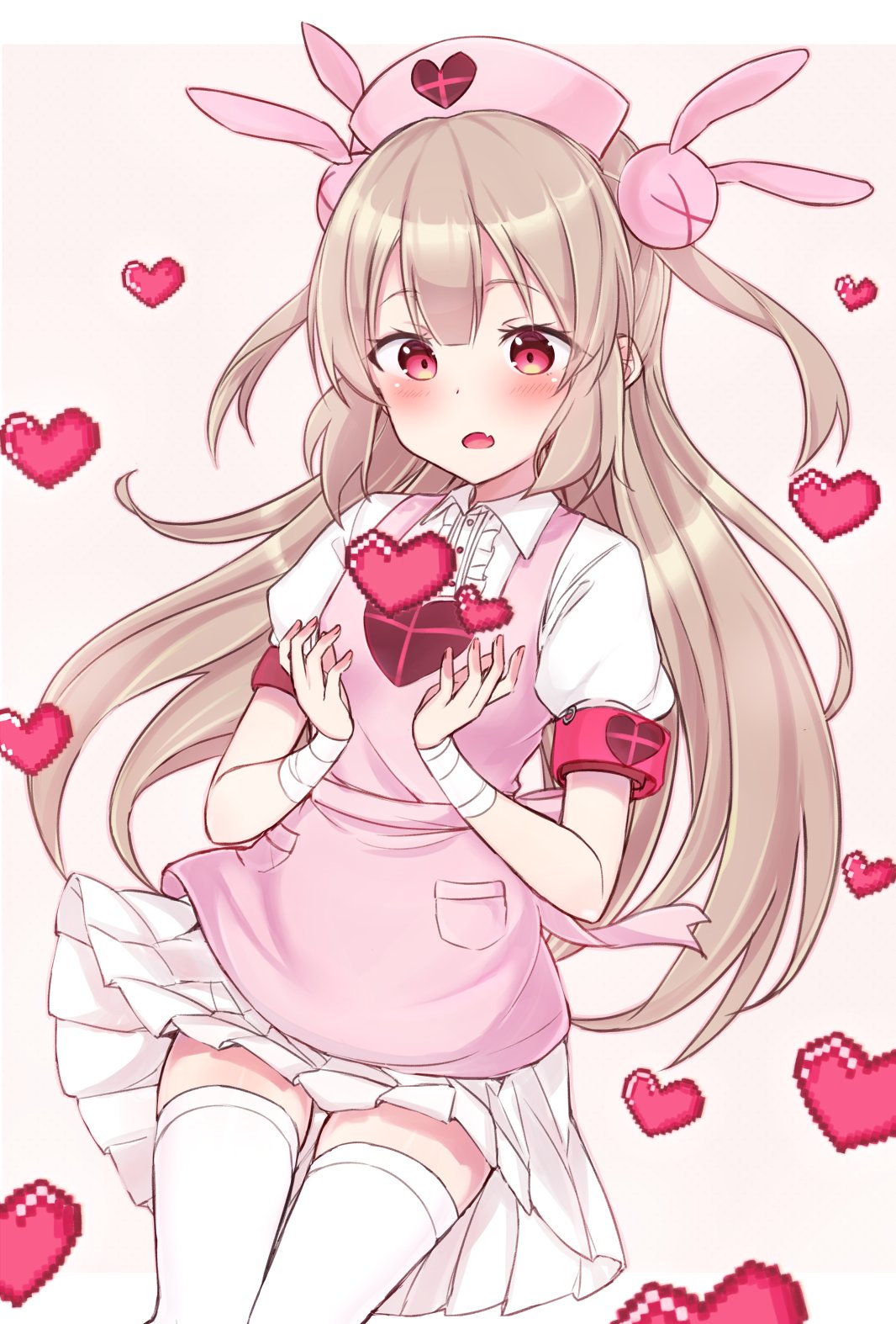 1girl :o apron bandaged_arm bandages bangs blonde_hair blush bunny_hair_ornament center_frills commentary_request eyes_visible_through_hair fanf fang hair_ornament hat heart highres long_hair natori_sana nonono_(mino) nurse_cap pink_apron pink_headwear pleated_skirt puffy_short_sleeves puffy_sleeves sana_channel short_sleeves simple_background skin_fang skirt solo two_side_up virtual_youtuber white_background white_legwear white_skirt